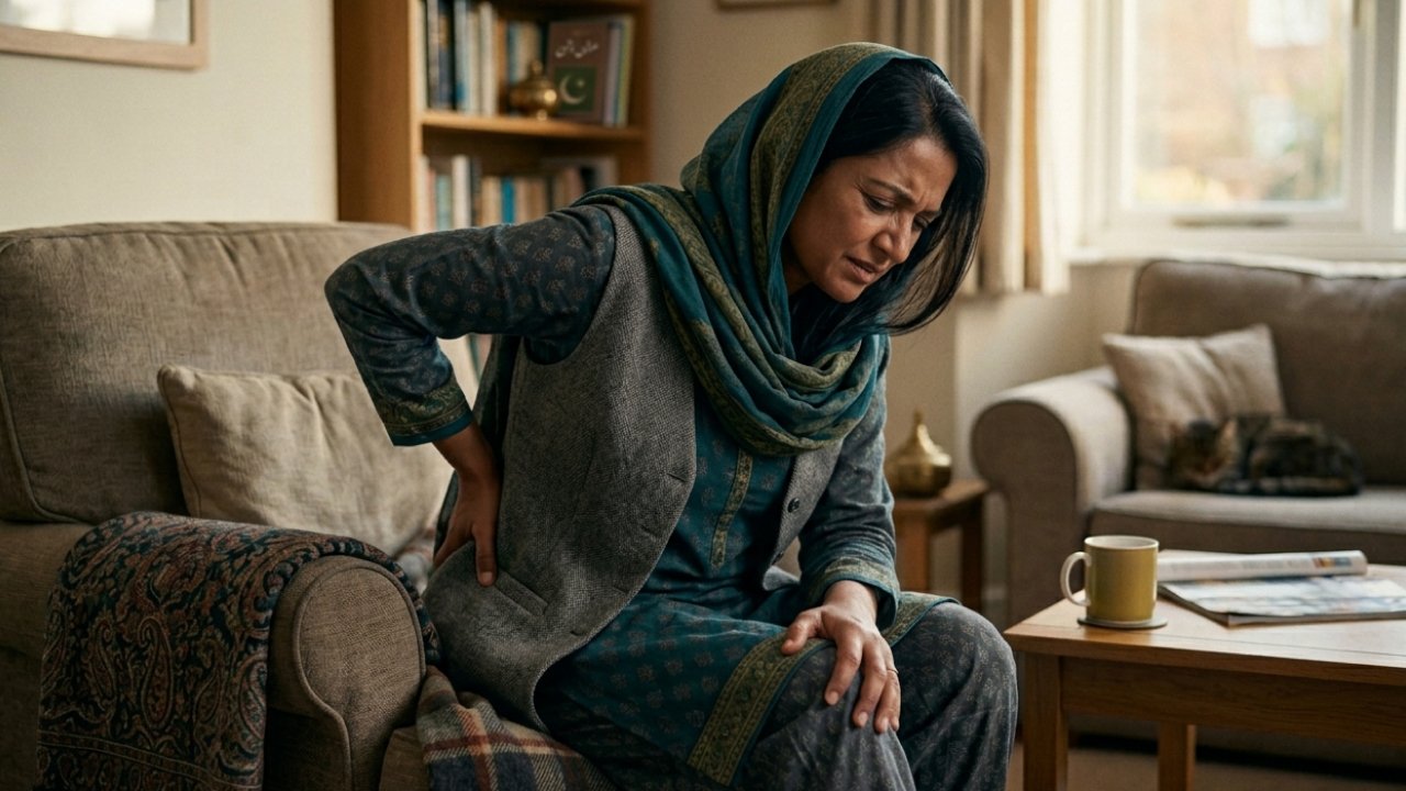Woman holding her lower back while seated on a sofa