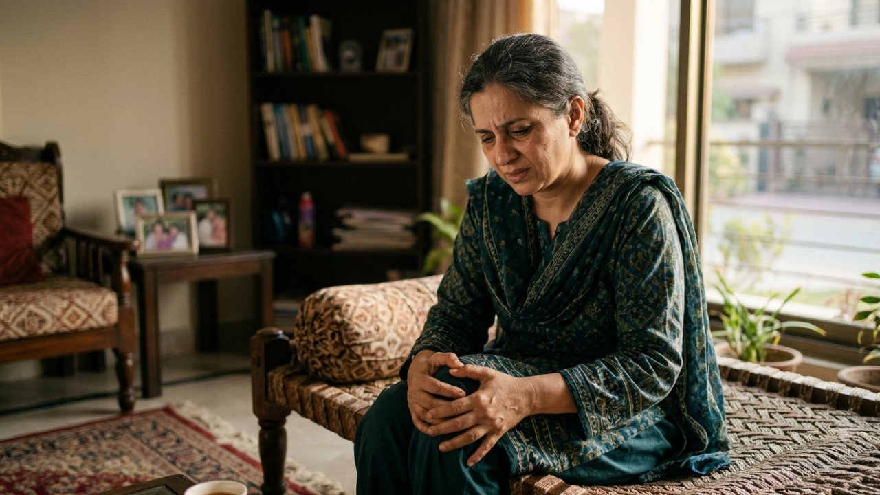 A Pakistani woman holding her knee