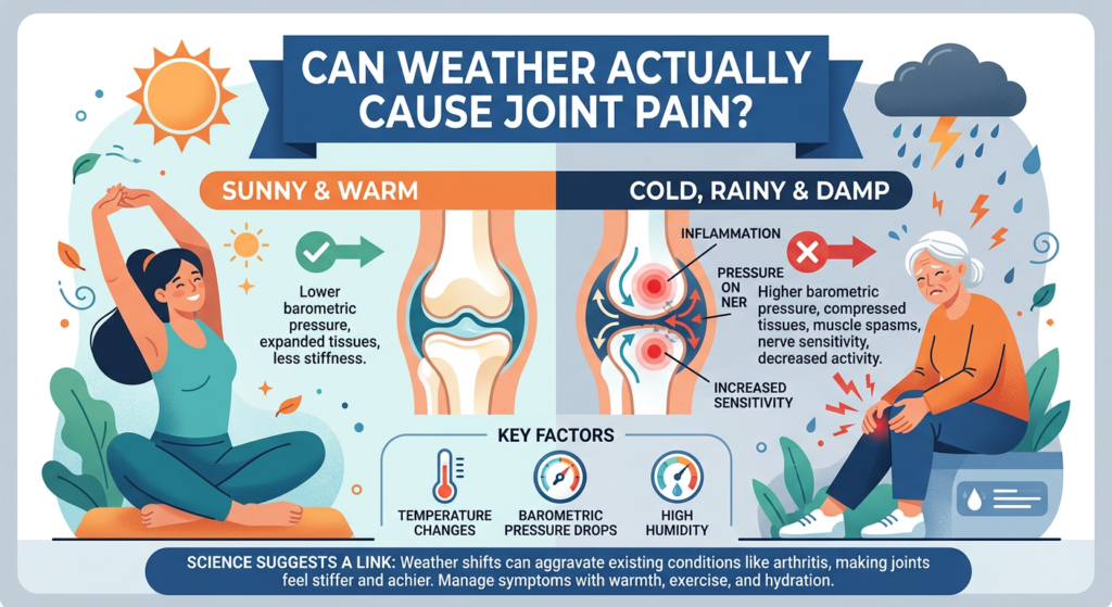 Illustration showing low barometric pressure affecting swollen joints